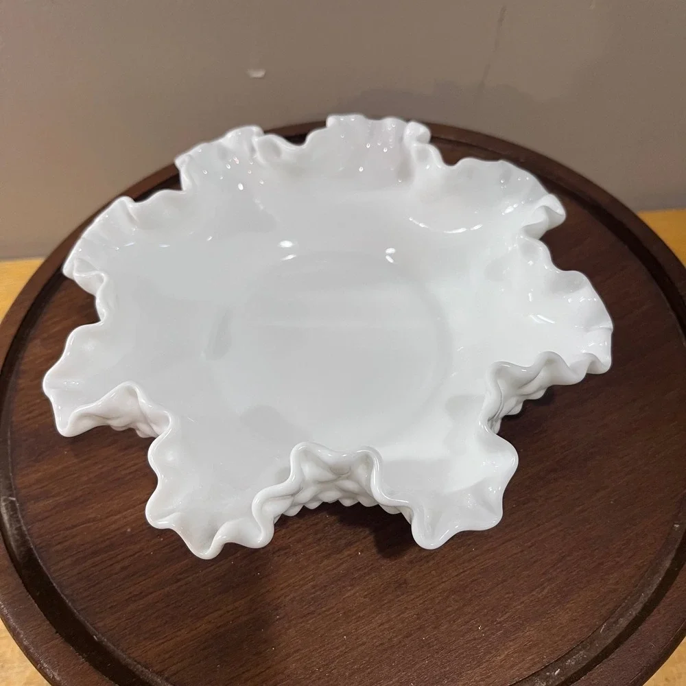 Vtg Fenton Hobnail Milk Glass Ruffled Edge Bowl White 8 Inch Candy Dish